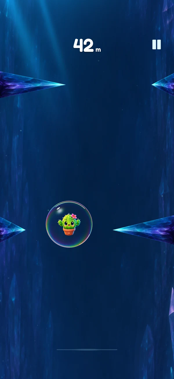 Cactus Bubble gameplay: Pip floats between blue crystal points at 42 meters.